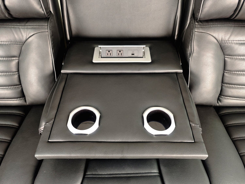 Zen 3-Piece Leather-Look Fabric Power Reclining Sectional with Massage, Drop-Down Console and Refrigerator - Black