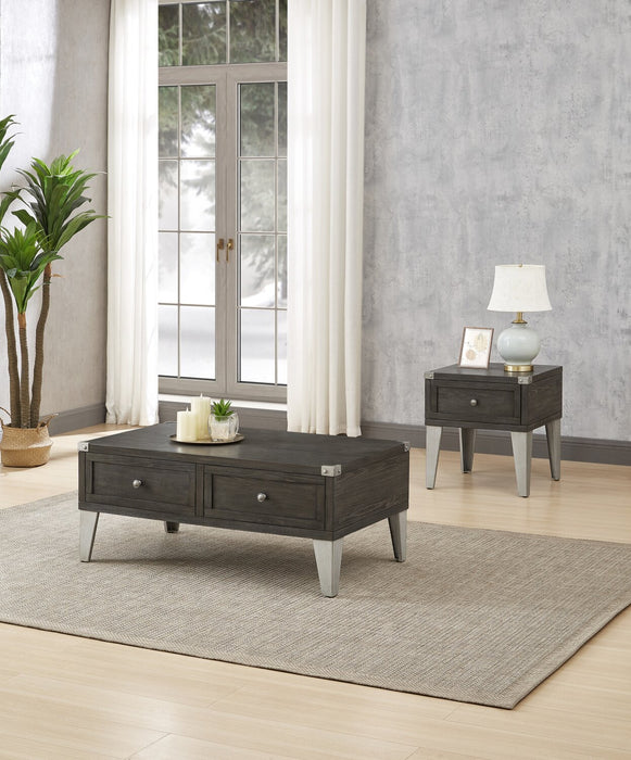 London 42\" Industrial Coffee Table – Grey Wood Finish and Silvery Metal Legs