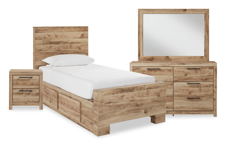 Derekson 6pc Bedroom Set with Side Storage Bed, Dresser, Mirror & Nightstand, Natural - Twin Size