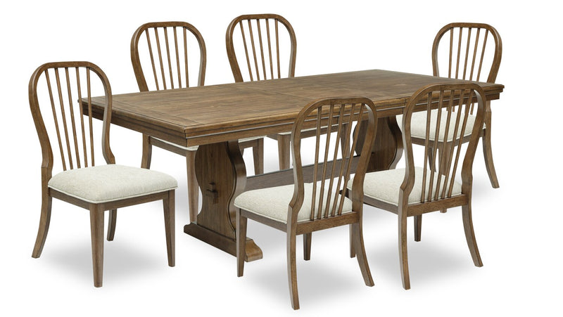 Clara 7pc Dining Set with Table & 6 Chairs, 68-86\"W Extension, Trestle Base - Brown