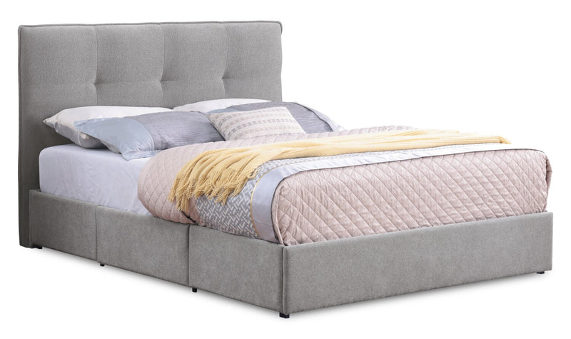 Amos Upholstered Storage Bed Base in Grey Fabric with 3 Built-in Drawers  - Queen Size