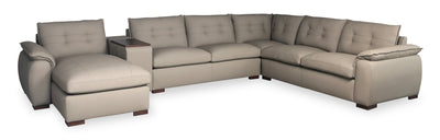 Raya Modular 5-Piece Left-Facing Genuine Leather Sectional with Storage Console and Wood Legs - Stone Beige | Sofa sectionnel modulaire de gauche Raya 5 pièces en cuir véritable avec console de rangement et pattes en bois - beige pierre