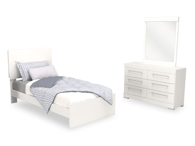 Riley 5pc Bedroom Set with Panel Bed, Dresser & Mirror, Made in Canada, White - Twin Size | Ensemble de chambre à coucher Riley 5 pièces avec lit à panneaux, commode et miroir, fabriqué au Canada, blanc - format lit simple