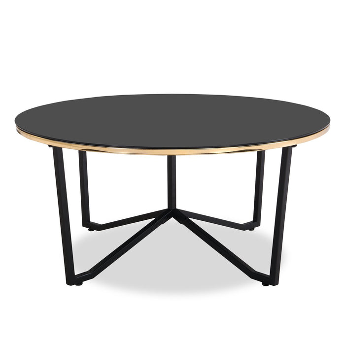 Xander 36\" Modern Round Glass Top Coffee Table - Black and Gold with Metal Legs