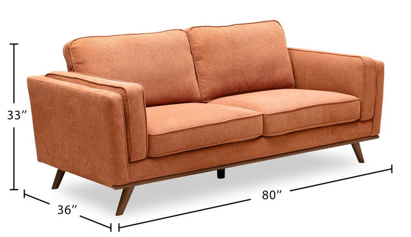 Kort & Co. Kassia 80\" Linen-Look Fabric Condo Size Sofa with Wood Base and Legs - Orange