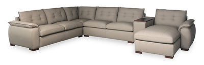Raya Modular 5-Piece Right-Facing Genuine Leather Sectional with Storage Console and Wood Legs - Stone Beige | Sofa sectionnel modulaire de droite Raya 5 pièces en cuir véritable avec console de rangement et pattes en bois - beige pierre
