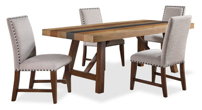 Boden 5pc Dining Set with Table & 4 Nailhead Trim Chairs, Trestle Base, 78"W - Brown & Beige | Ensemble de salle à manger Boden 5 pièces avec table de 78 po (L), base à tréteaux et 4 chaises à bordure de clous décoratifs - brun et beige