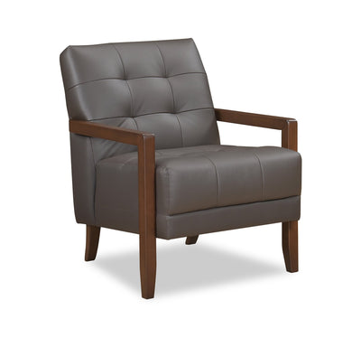 Enzo 26" Genuine Leather Accent Chair with Biscuit Tufting, Track Arms and Wood Legs - Dark Brown | Fauteuil d’appoint Enzo de 26 po en cuir véritable avec capitonnage en biscuit, accoudoirs rectilignes et pattes en bois - brun foncé
