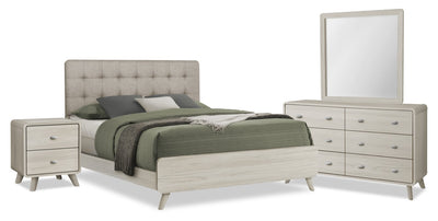Cami 6pc Bedroom Set with Bed, Dresser, Mirror & Nightstand, Mid-Century Modern, Grey Oak - Queen Size | Ensemble de chambre à coucher de style moderne du milieu du 20e siècle Cami 6 pièces en chêne gris avec lit, commode - format grand lit