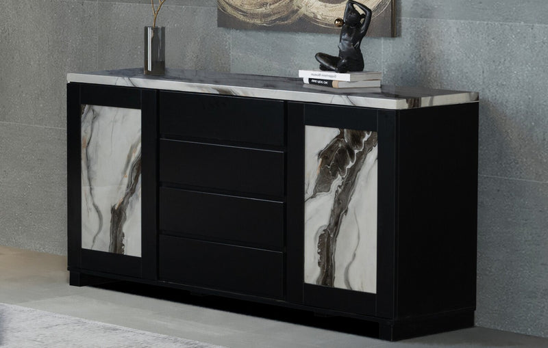 Vega Dining Server with Storage & 4 Drawers, 66\"W - Black & White
