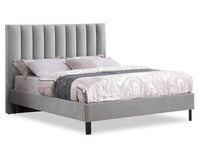 Amos Upholstered Platform Bed in Grey Fabric with Channelled Headboard - Queen Size