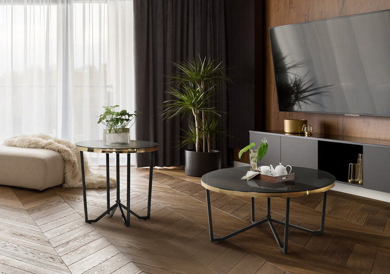 Xander 24\" Modern Round Glass Top End Table - Black and Gold with Metal Legs