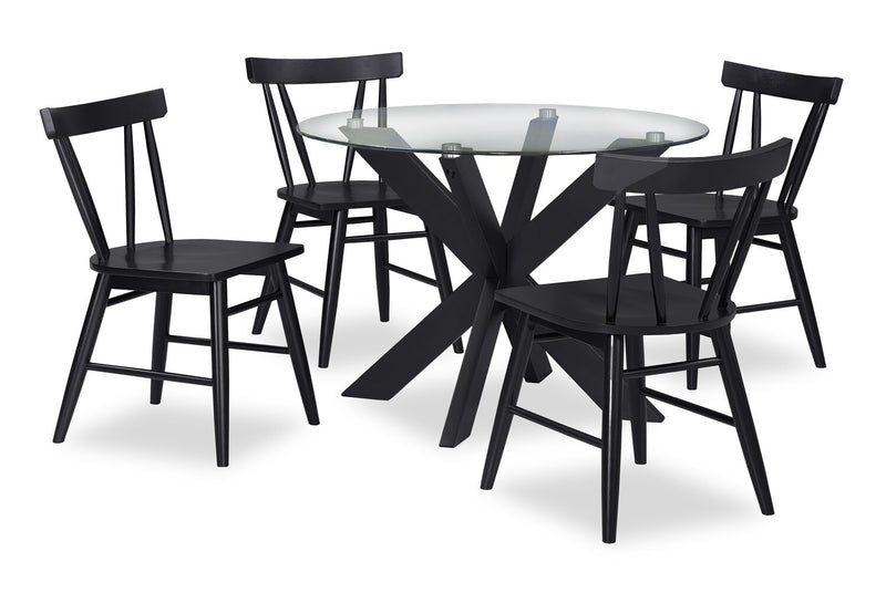 Remi 5pc Dining Set with Table & 4 Slat-Back Chairs, Glass & Wood, 42\"W Round - Black