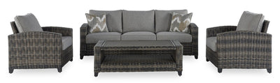Canmore 4-Piece Outdoor Patio Set with Sofa, 2 Chairs & Coffee Table - Weather Resistant - Grey | Ensemble Canmore 4 pièces pour la terrasse à l’extérieur avec sofa, 2 fauteuils et table à café - résistant aux intempéries - gris
