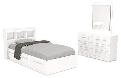 Riley Mates Bed 5pc Set with Bookcase Headboard, Dresser & Mirror, White - Twin Size | Ensemble lit matelot Riley 5 pièces avec tête de lit bibliothèque, commode et miroir, blanc - format lit simple