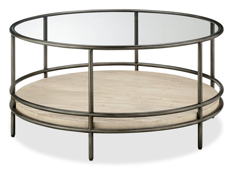 Saxon 38\" Modern Round Coffee Table with Shelf - Natural and Vintage Nickel