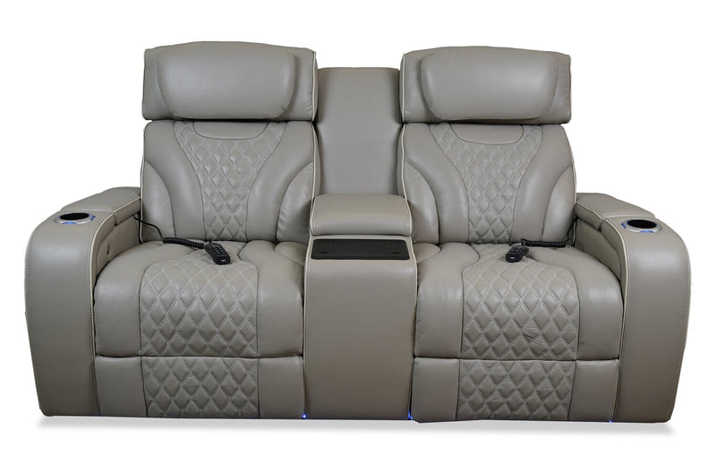 Elite 74\" Genuine Leather Massage Power Reclining Loveseat with Immersive Audio and Power Headrests - Putty