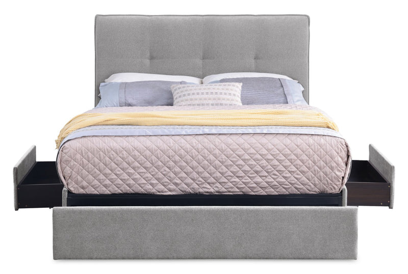 Amos Upholstered Storage Bed Base in Grey Fabric with 3 Built-in Drawers  - Queen Size