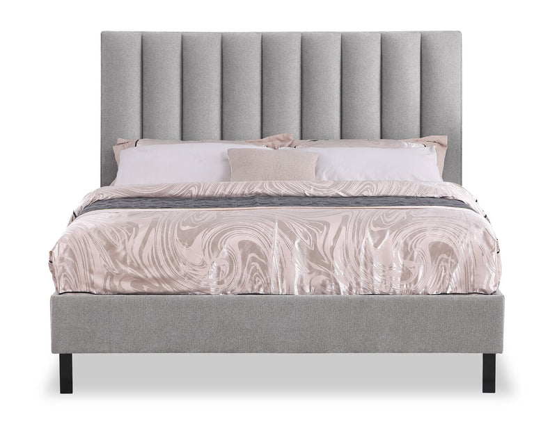 Amos Upholstered Platform Bed in Grey Fabric with Channelled Headboard - Full Size