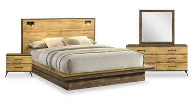 Silas 6pc Bedroom Set with Platform Bed, Dresser, Mirror & Nightstand, LED, Rustic Brown - Queen Size | Ensemble de chambre à coucher Silas 6 pièces brun rustique avec lit plateforme, commode, miroir, table de nuit et éclairage à DEL - format grand lit