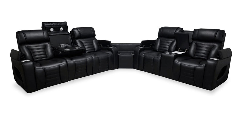 Zen 3-Piece Leather-Look Fabric Power Reclining Sectional with Massage, Drop-Down Console and Refrigerator - Black