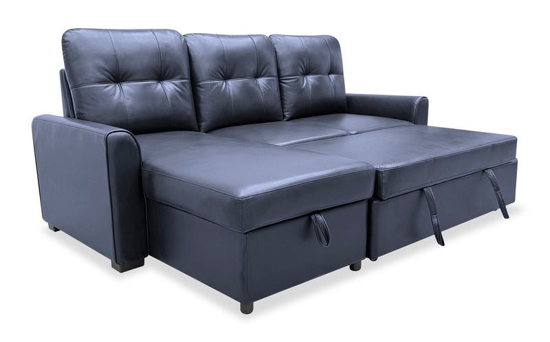 Carter 2-Piece Left-Facing Leather-Look Fabric Sleeper Sectional with Storage Chaise - Black