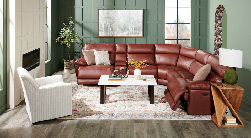 Sorrento 6-Piece Genuine Leather Power Reclining Sectional with Storage Console and USB Port - Madrid Brick Brown