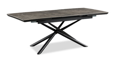 Tavo Dining Table with 63-79"W Extension, Sintered Stone & Metal, Geometric Pedestal Base - Grey/Black | Table de salle à manger Tavo en pierre frittée et métal avec rallonge de 63 po à 79 po (L) et base piédestal géométrique - grise et noire