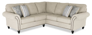 Made in Canada Wynn 2-Piece Chenille Fabric Sectional with Nailhead Trim and Wood Bun Legs - Linen Beige
