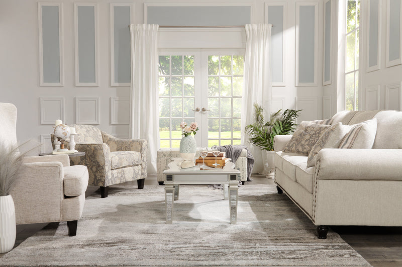 Made in Canada Wynn 93\" Chenille Fabric Sofa with Nailhead Trim and Wood Bun Legs - Linen Beige