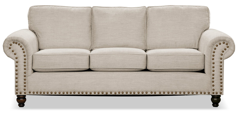 Made in Canada Wynn 93\" Chenille Fabric Sofa with Nailhead Trim and Wood Bun Legs - Linen Beige