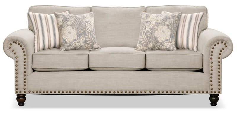 Made in Canada Wynn 93\" Chenille Fabric Sofa with Nailhead Trim and Wood Bun Legs - Linen Beige