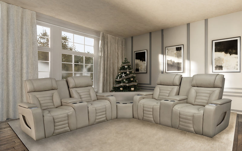 Zen 3-Piece Leather-Look Fabric Power Reclining Sectional with Massage and Two Refrigerator Consoles - Apricot