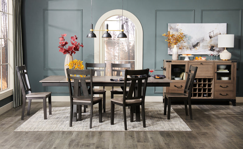 Zao Dining Table with 66-94\"W Extension, Melamine, Trestle Base - Brown