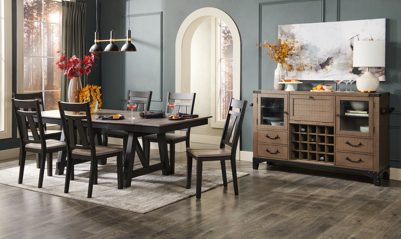 Zao Dining Table with 66-94\"W Extension, Melamine, Trestle Base - Brown