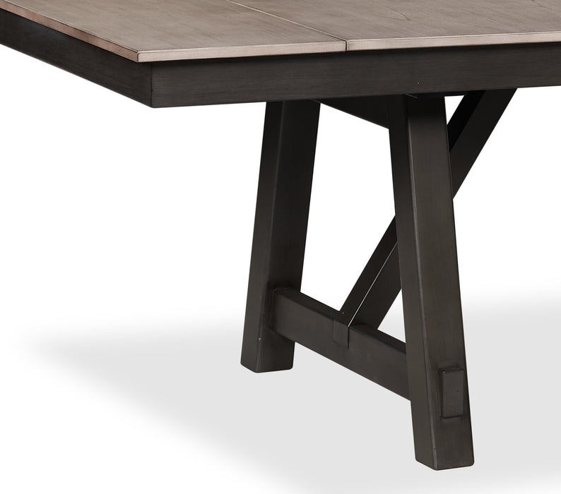 Zao Dining Table with 66-94\"W Extension, Melamine, Trestle Base - Brown