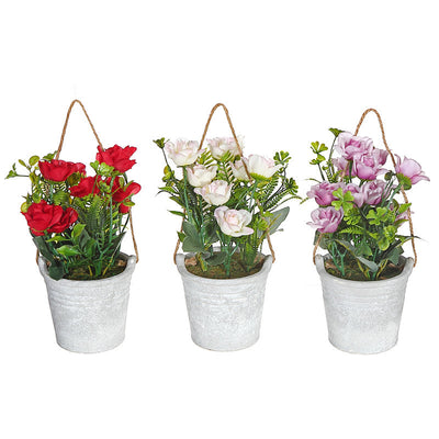Artificial Roses in Cement Hanging Pot - Set of 3 Artificial Flower|Roses artificielles dans un pot en ciment à accrocher - ensemble de 3 fleurs artificielles