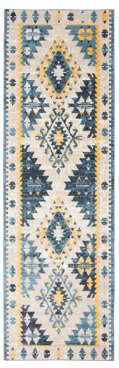 Mosaic Taupe/Blue Machine Washable Area Rug - 2'6" x 8'0"
