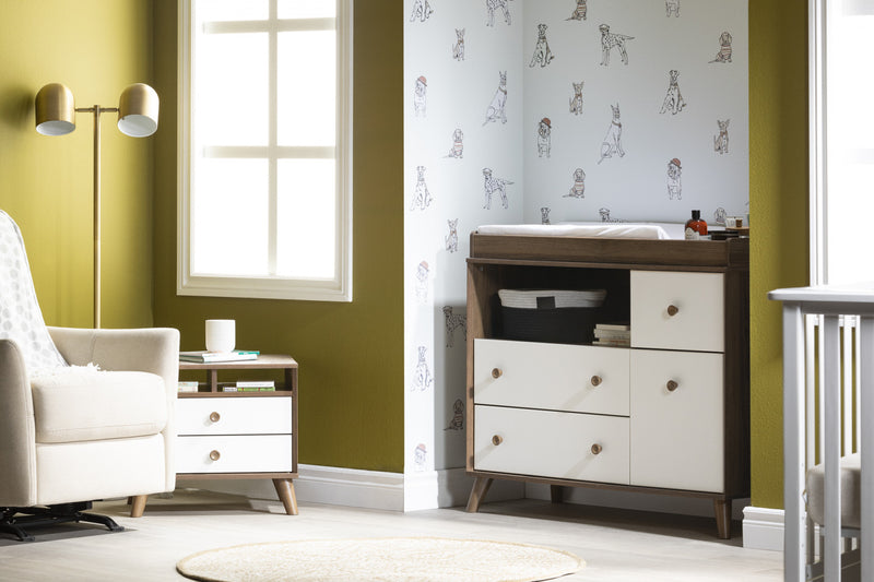 Yodi Wide Changing Table With Drawers - Natural Walnut and White