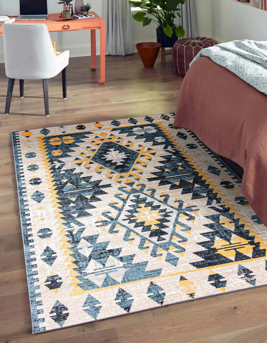 Mosaic Taupe/Blue Machine Washable Area Rug - 8'0\" x 10'0\"