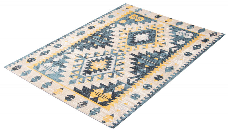 Mosaic Taupe/Blue Machine Washable Area Rug - 8'0\" x 10'0\"
