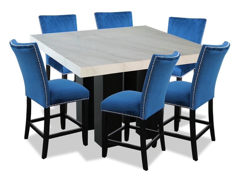 Cami 7pc Counter-Height Dining Set with Table & 6 Blue Chairs, Genuine Marble Top, 54\"W Square