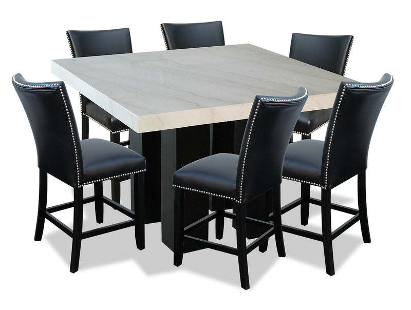 Cami 7pc Counter-Height Dining Set with Table & 6 Black Chairs, Genuine Marble Top, 54\"W Square