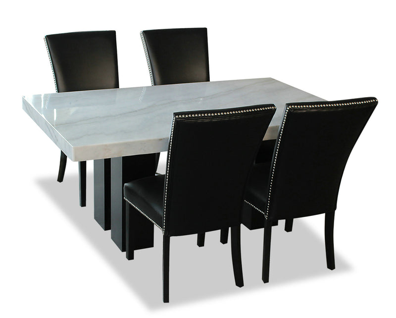 Cami 5pc Dining Set with Table & 4 Black Chairs, Genuine Marble Top, 70\"W