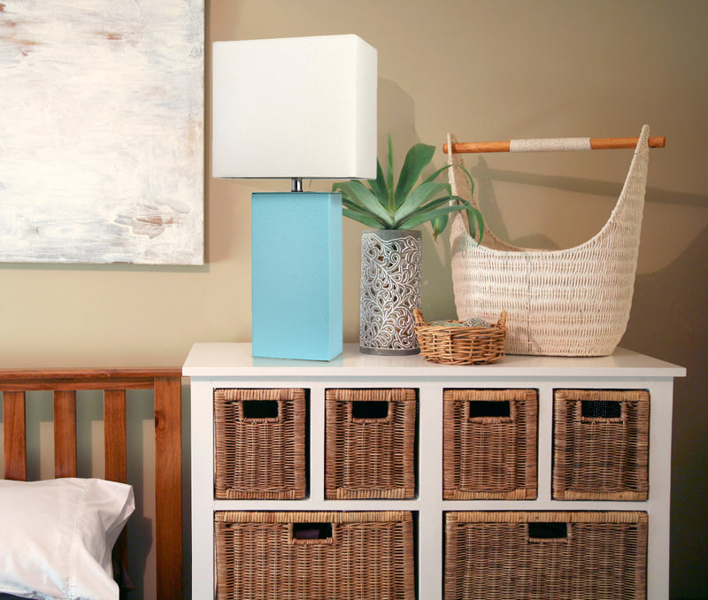 Elegant Designs Modern Leather Table Lamp with White Fabric Shade, Aqua