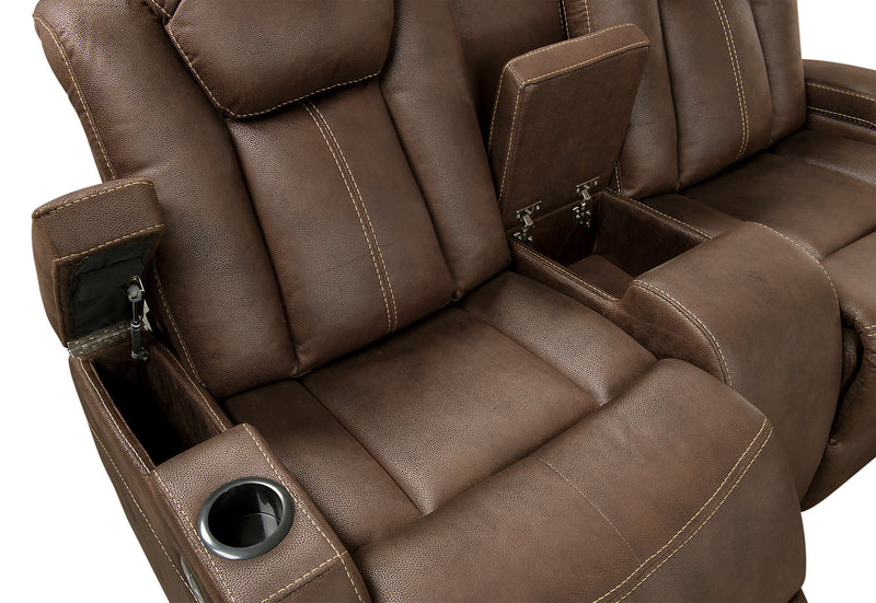 Ross 72.5\" Faux Suede Fabric Power Reclining Loveseat with Power Headrests and Storage Console - Chocolate Brown