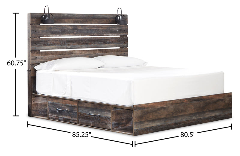 Abby 6pc Bedroom Set with Side Storage Bed, Dresser, Mirror & Nightstand, LED, USB, Brown - King Size