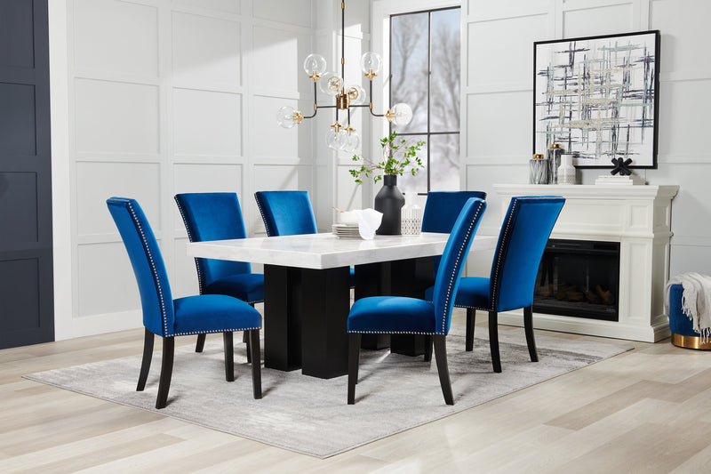 Cami 7pc Dining Set with Table & 6 Blue Chairs, Genuine Marble Top, 70\"W
