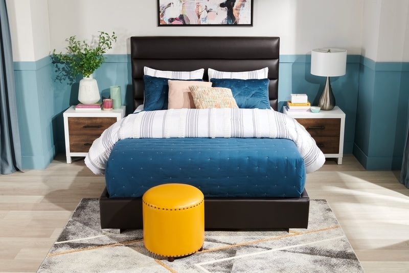 Kort & Co. Clay Upholstered Platfom Bed in Brown Vegan-Leather Fabric, Tufted - Full Size