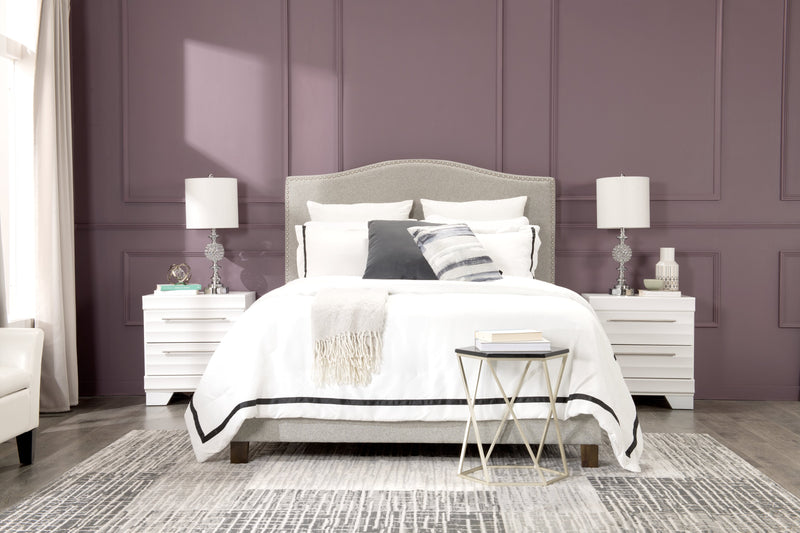 Cove Upholstered Platform Bed in Grey Fabric with Nailhead Design - Queen Size